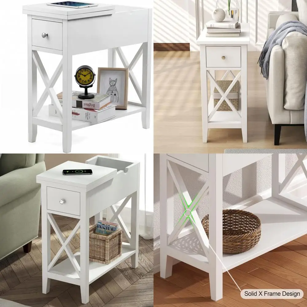 

White Slim Flip-Top End Table with Drawer, Compact Accent Side Table for Living Room, Bedroom, and Small Spaces