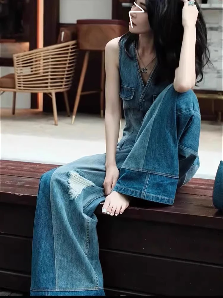 Seksowny zestaw: dżinsowa kamizelka i spodnie jeansowe damskie, letni, nowy, w stylu amerykańskim retro, obcisły top, dziurawe spodnie jeansowe, modny strój.