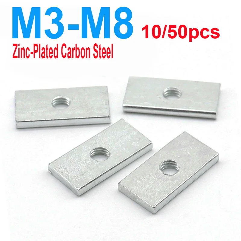10/ 50pcs Square Nut M3 M4 M5 M6 M8 Zinc-Plated Carbon Steel Thin Rectangular Nuts Slider Block for Aluminum Profile Accessory