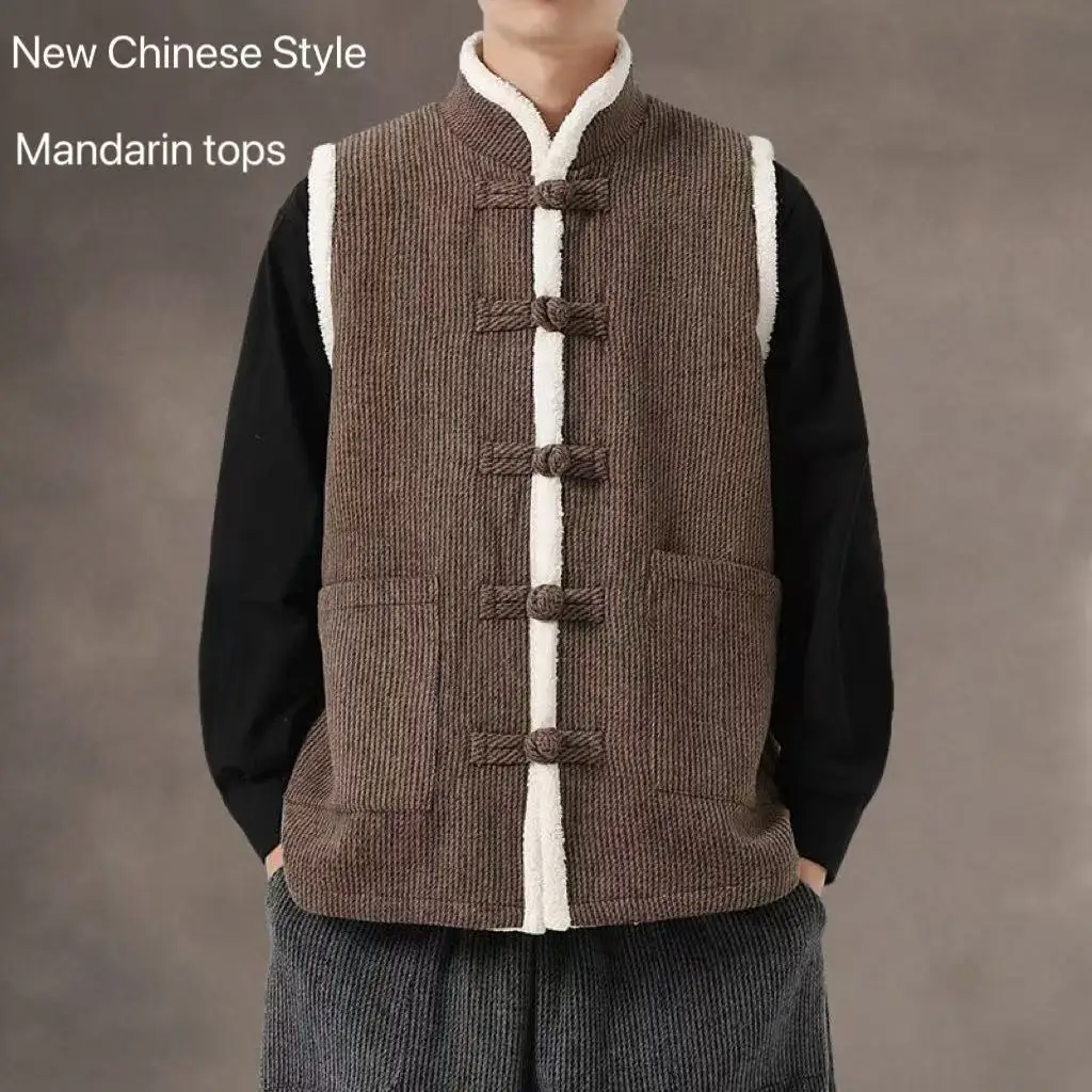 

Thicken Velvet New Chinese Style Vest Coat Upgraded Autumn Winter Sleeveless Button Tops Vintage Mandarin Vest Jacket Tang Suits