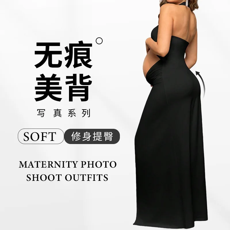 Robe fine pour femme enceinte, coupe cintrée, nettoyage photo, col croisé, extrémité fendue, sexy, nombril ajouré, couleur unie