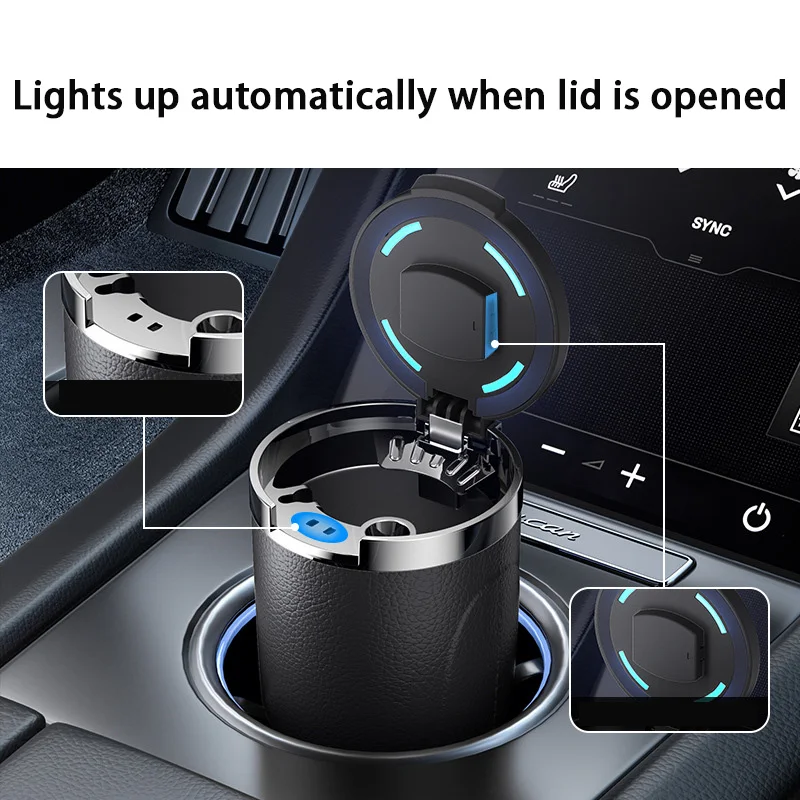 PU Leather Car Ashtray with Lid Smell Proof Stainless Steel Blue Led Portable Ashtray Cup for Auto Fireproof Shell