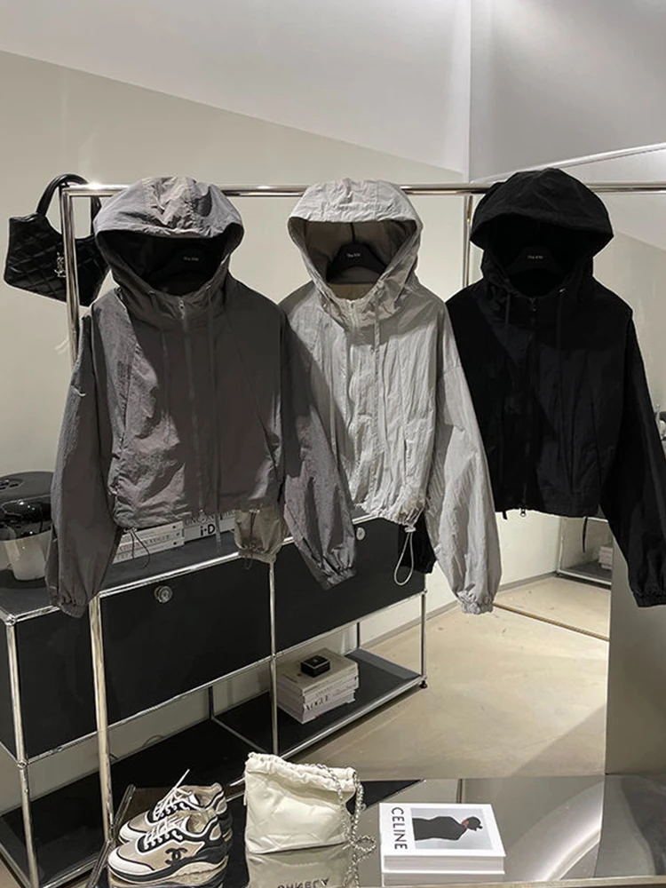 Loose Women's Zipper Hoodie Casual  Color Design Simple Versatile High-End Feel Drawstring Outerwear Sun Protection