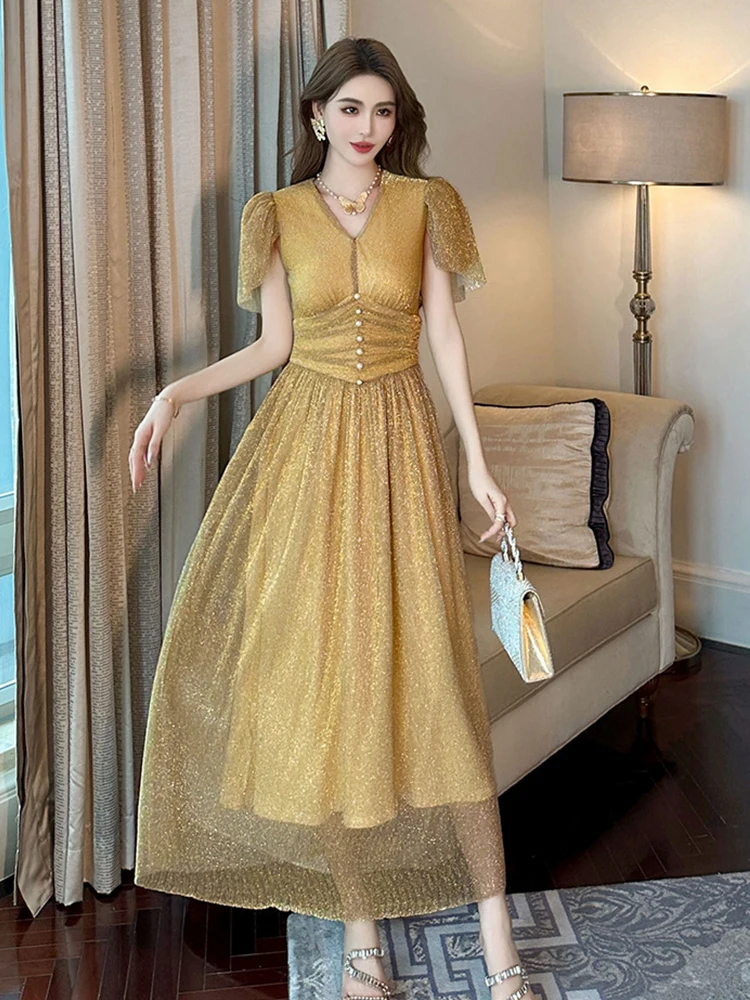 Summer Vintage Glitter Gold Bright Silk Evening Dress Women Clothes Elegant Luxury V-Neck Slim Maxi Party Birthday Vestidos Robe