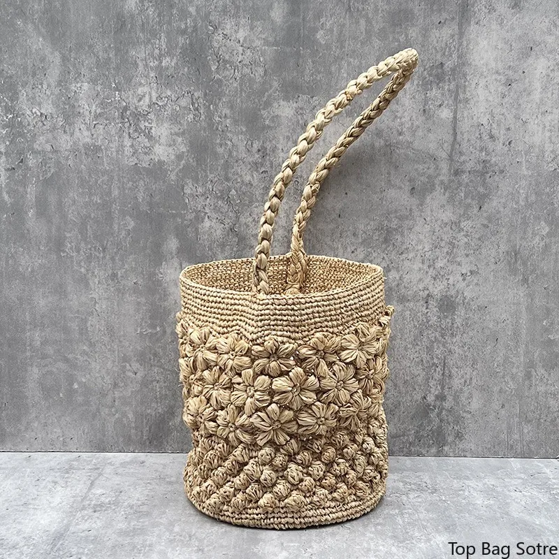 Women's Raffia Bucket Shoulder Bag Handmade Crochet Drawstring Top Handle Summer Resort Vacation Boho