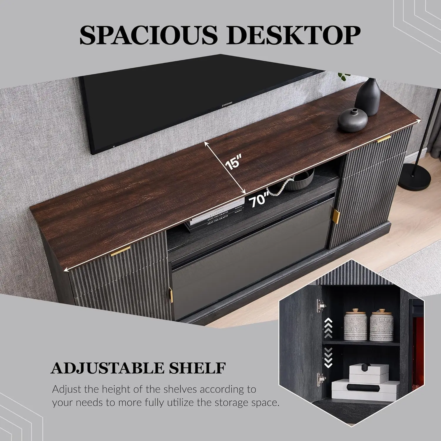 Suporte de TV com lareira canelada para TVs de até 80 polegadas, centro de entretenimento moderno com lareira elétrica de 36"