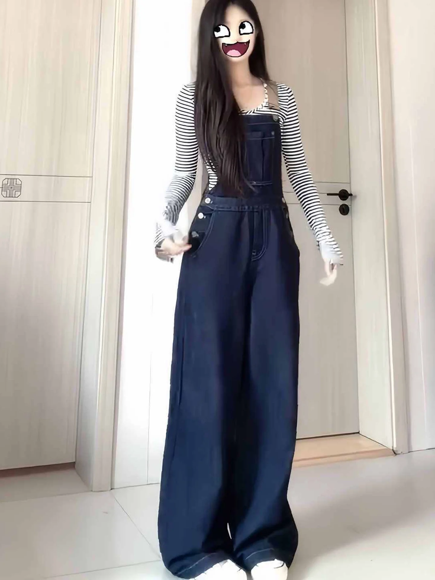 American Style Retro Denim Overalls Women's High Waist Wide Leg Straight Cut Pants Lazy Design One-Piece Suit Fall New Arrival