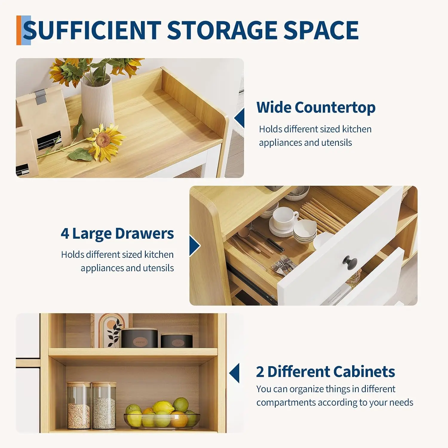 55" Kitchen Sideboard Buffet Cabinet, Large Wood Storage Cabinet with Glass Doors, Drawers & Adjustable Shelves, Coffee Bar Stat