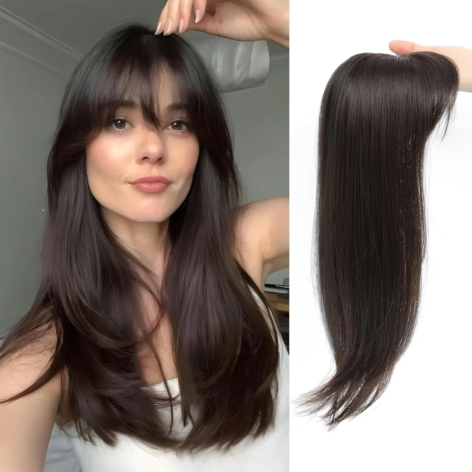 18inch Womens Fashion Hair Topper with Bangs Straight Synthetic Wig Block Natural Looking Bangs Wig Hairpieces for Thinning Hair