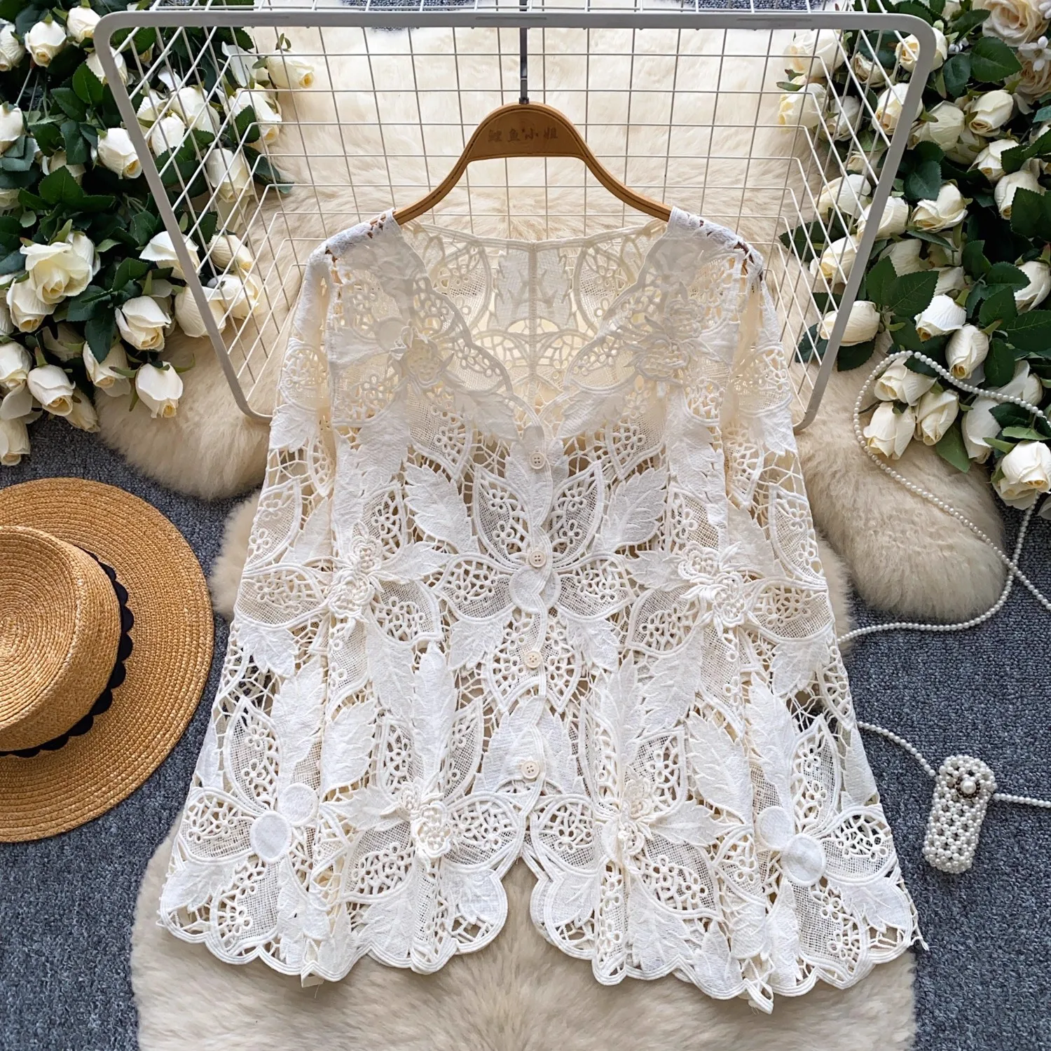 

Hook Flower Clothing Hollow Woman 2025 Shirts Blouses Lace Embroidery Blusas V-Neck Long Sleeve Ropa Mujer Autumn New Camisas
