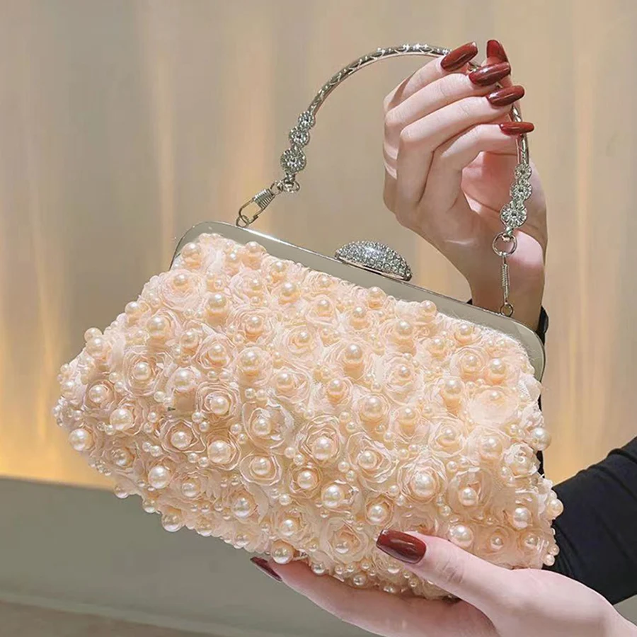 

Vintage Pearl Dinner Bag Metal Handle Beaded Handbag Soild Color Women's Crossbody Bag Apricot Wedding Dress Clutch Purse Bolsas