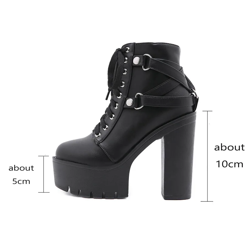 Ankle Boots Round Toe Block High Heel 10cm Platform Zipper Lace Up Plus Size 35-43 Party Booty Solid Platform Boots Ladies Shoes