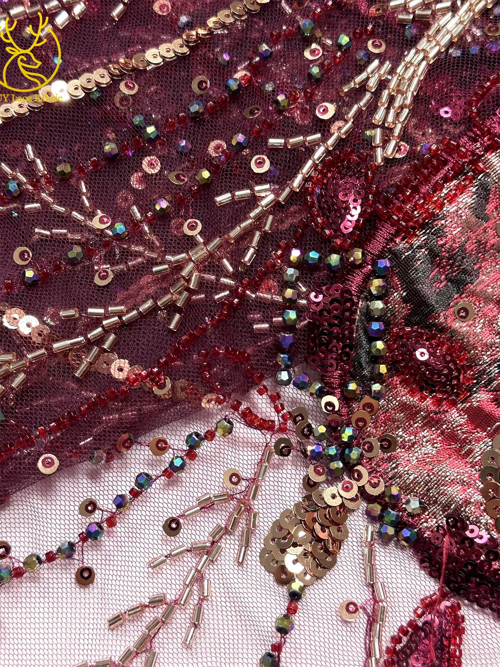 Burgunderroter neuer Design afrikanischer schwere Perlen-Chiffon-Spitzenstoff 2026 Hochwertiger nigerianischer Pailletten-Spitzenstoff für Partykleider – Detail 18