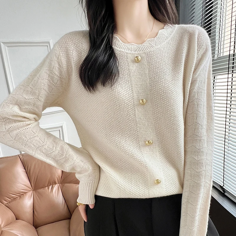 Sweater kasmir wol Merino wanita, atasan baju rajut bawah hangat kerah O musim gugur/musim dingin 100%