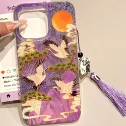 Purple Glitter Crane Cartoon Phone Case for iPhone 16 Promax 15 Plus 14 Pro 13 12 11 XSMax XR with Pendant Protection Back Cover