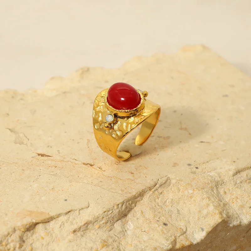 Bague Épaisse Ouverte Réglable Incrustée de Pierre Rouge pour Femme, Bijoux en Acier Inoxydable, Cadeaux de ix, Style Palais, Exquis