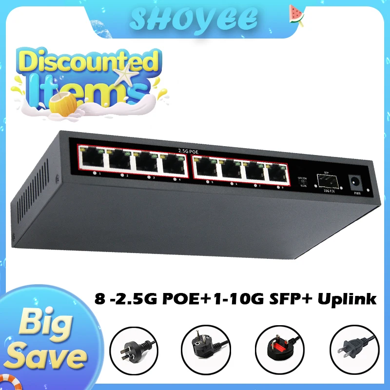 

9-портовый Ethernet-коммутатор POE RJ45 2,5GbE 10G SFP+ Сетевой коммутатор с невиуправлением Plug and Play для IP-камеры/NVR