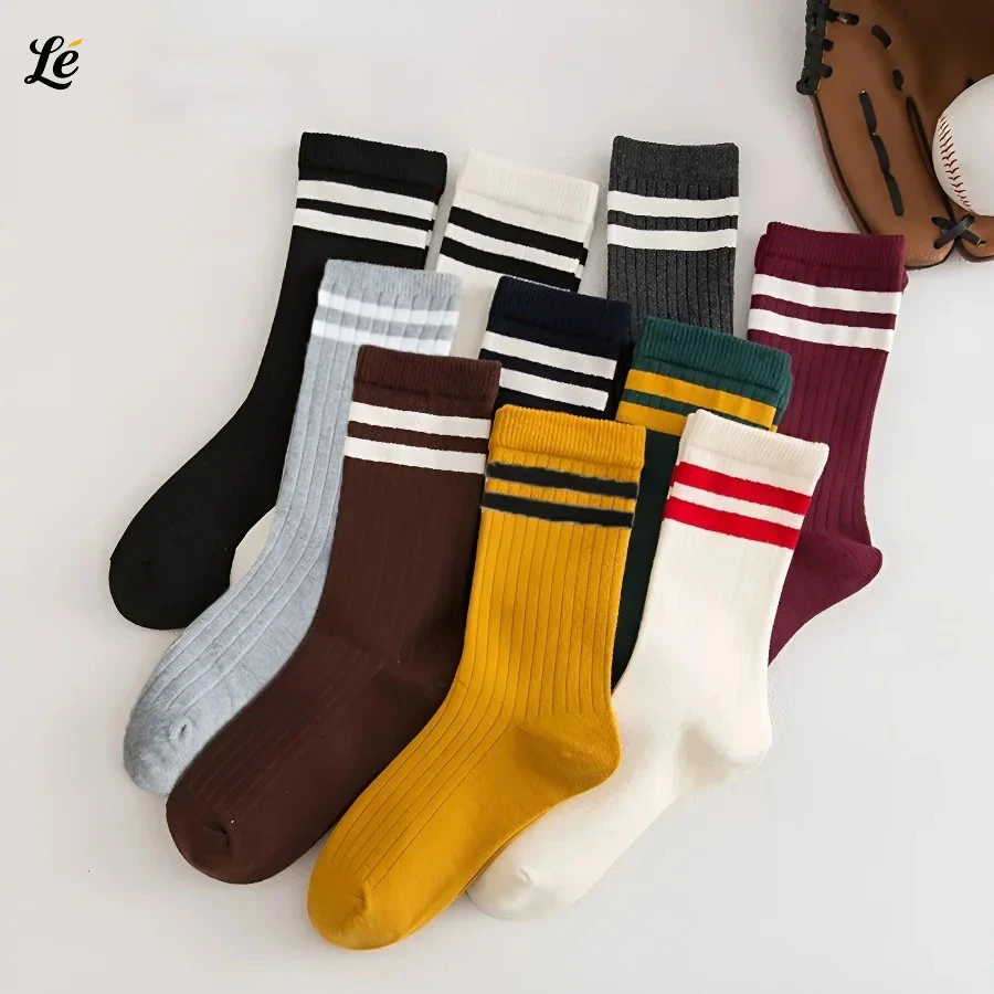 

10 Pairs Fashion Striped Sports Socks All Season Mid Calf Unisex Style Casual Athletic Wear Double Bar Design College Versatile