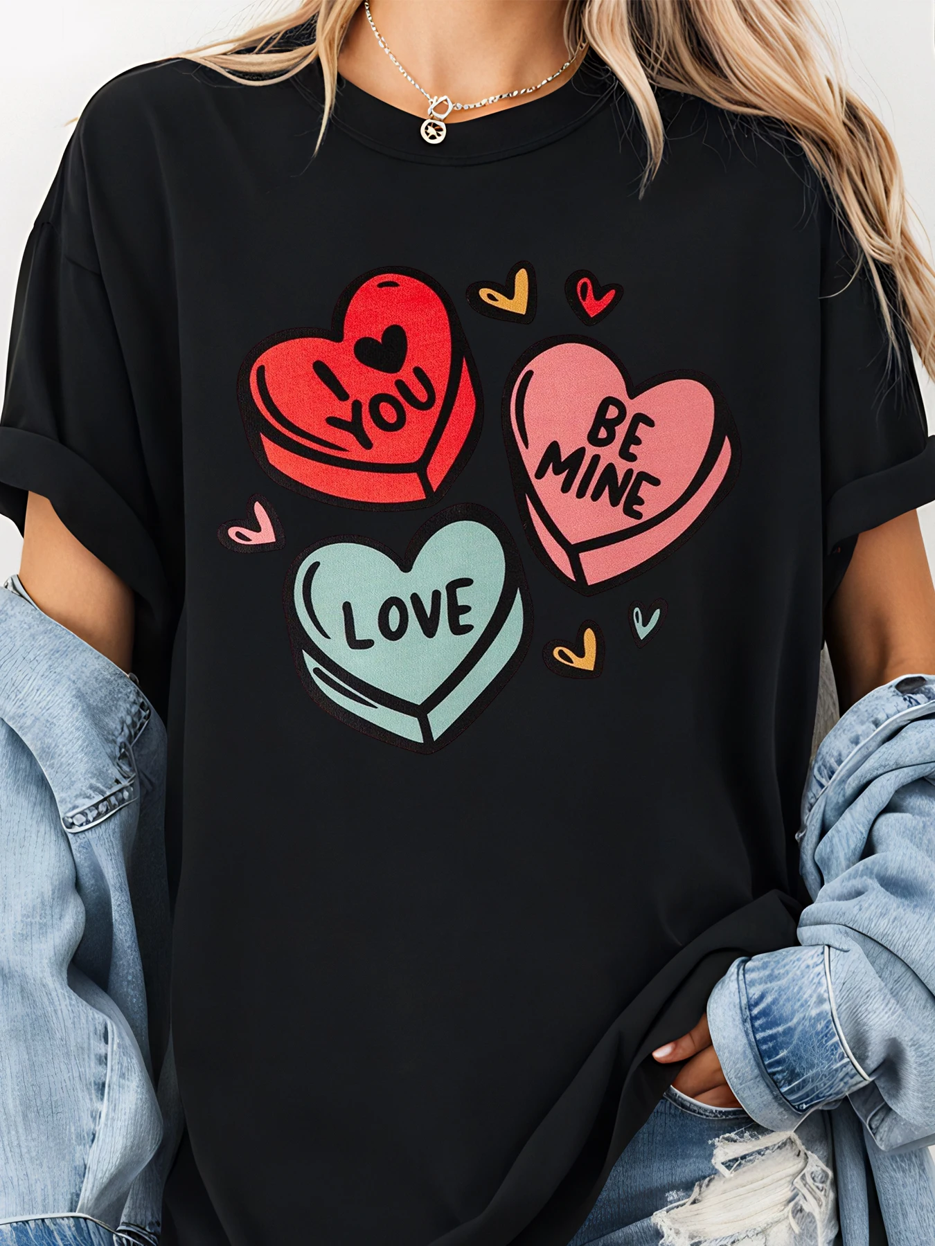 Valentine Hearts Print T Shirt With Love Messages And Sweet Details For Romantic Outfits