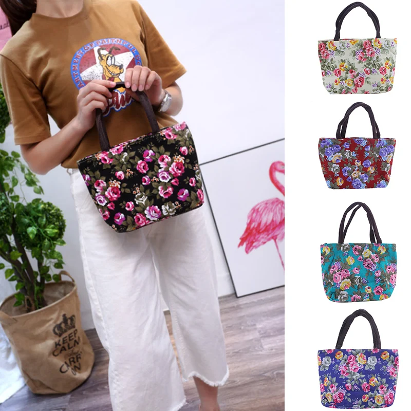 Mommy Handbag Fashionable And Casual Rose Print Western-style Canvas Bag Middle-aged And Elderly Travel Portable Bag