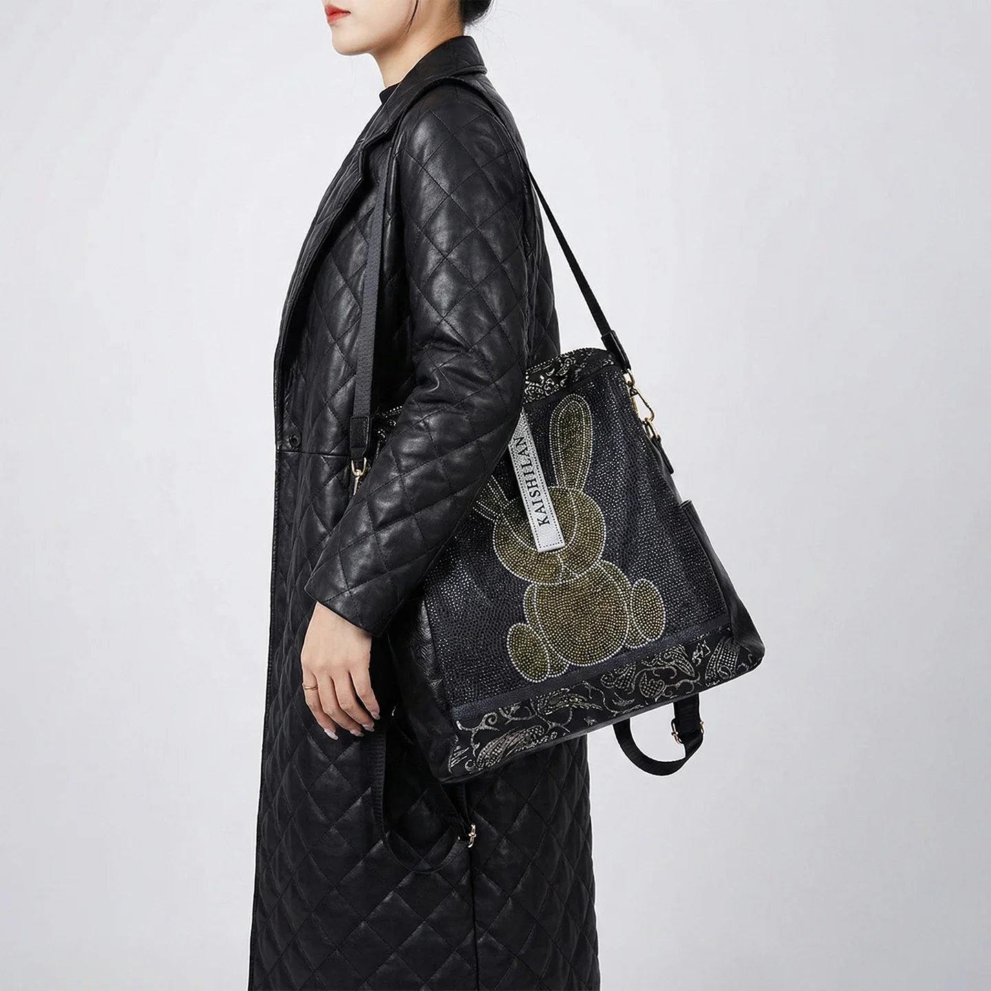 Women's Rhinestone Rabbit Backpack, Fashion PU Leather Convertible Shoulder Bag, Casual Multi-purpose Travel Daypack Daily Use