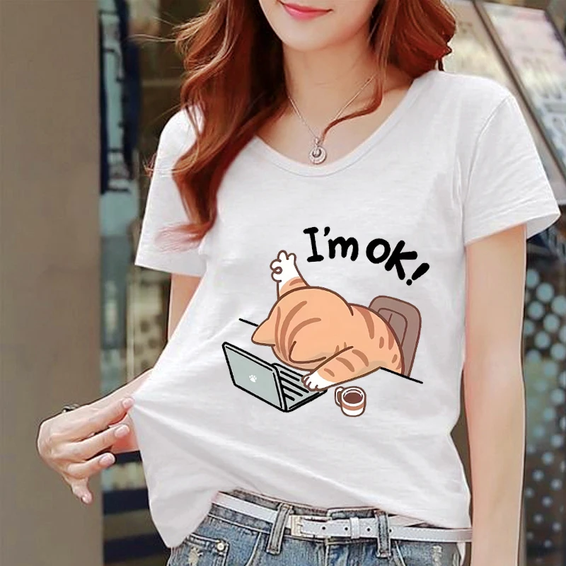 

Women's T-Shirt Short Sleeve Cute "I'm OK" Cat Graphic Casual Round Neck Tee Beige with Stylish Sleeping Cat Design
