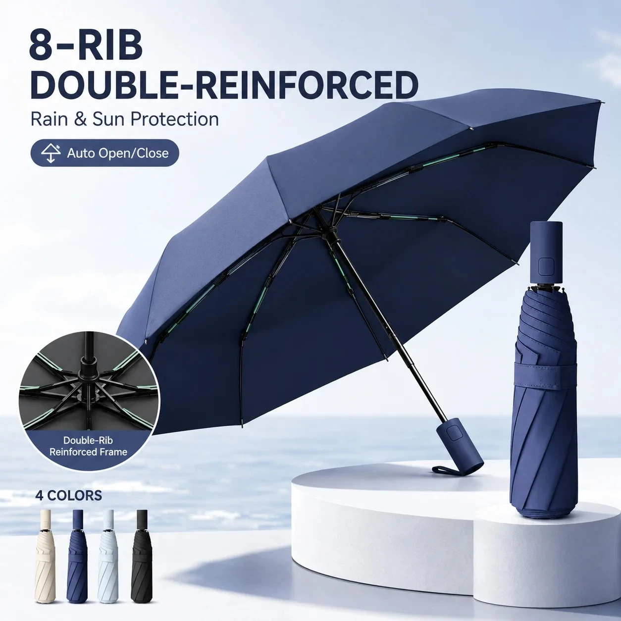 Auto Open Close Folding Umbrella Fiberglass Frame Windproof Heavy Duty Rain Umbrella Ergonomic Handle Compact Portable Men Women