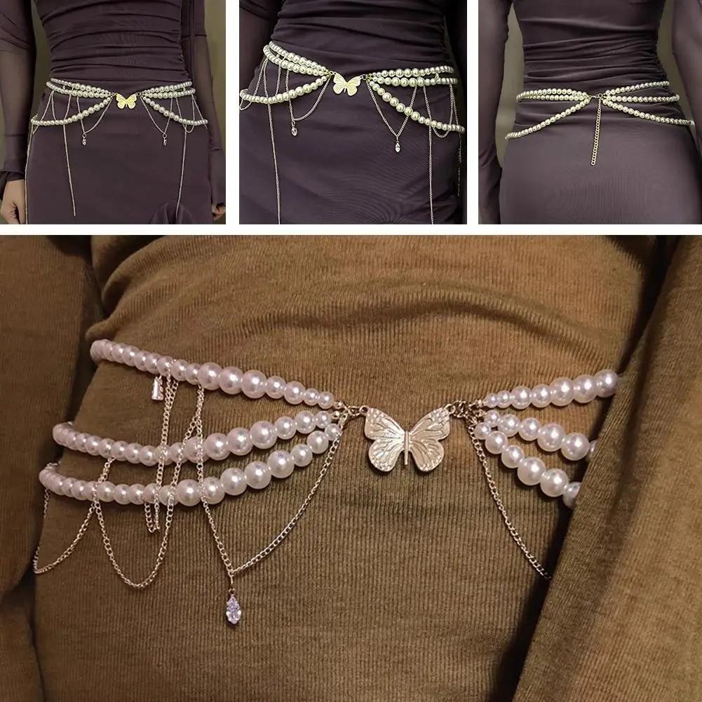 Pasek Y2K Designer Biżuteria Wielowarstwowy Łańcuszek na Pas z Perłami dla Kobiet Moda Retro Postać do Odgrywania Akcesoria na Ciało Paski na Imprezę