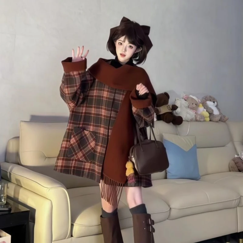 Autumn Winter Japanese Kawaii Lolita Woolen Coat Women Sweet Cloak Tassel Scarf Plaid Jackets Korean Style Retro Loose Overcoat
