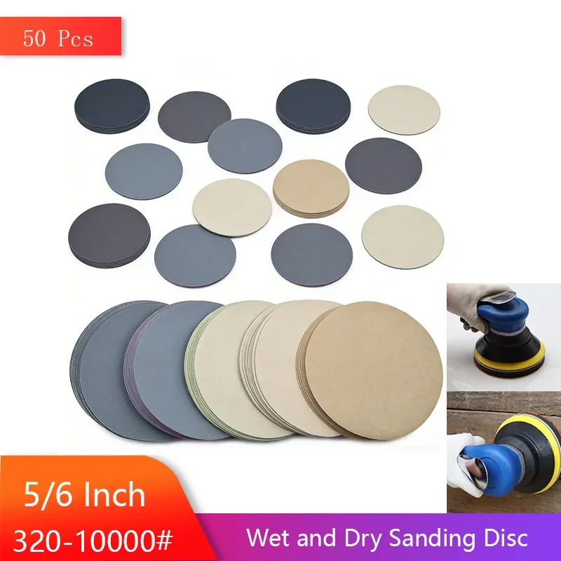 50Pcs Waterproof Sanding Discs 5/6 Inch Hook And Loop Sandpaper Assorted Grit 320-10000 for Wet/Dry Polishing Sanding Gring