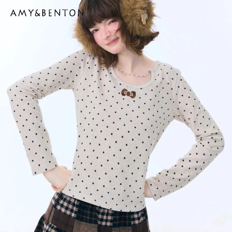 

French Style Design Polka Dot Chain Women's Long Sleeve T-Shirt 2025 Autumn Winter New Slim Fit Knitted Bottoming Shirt Ladies