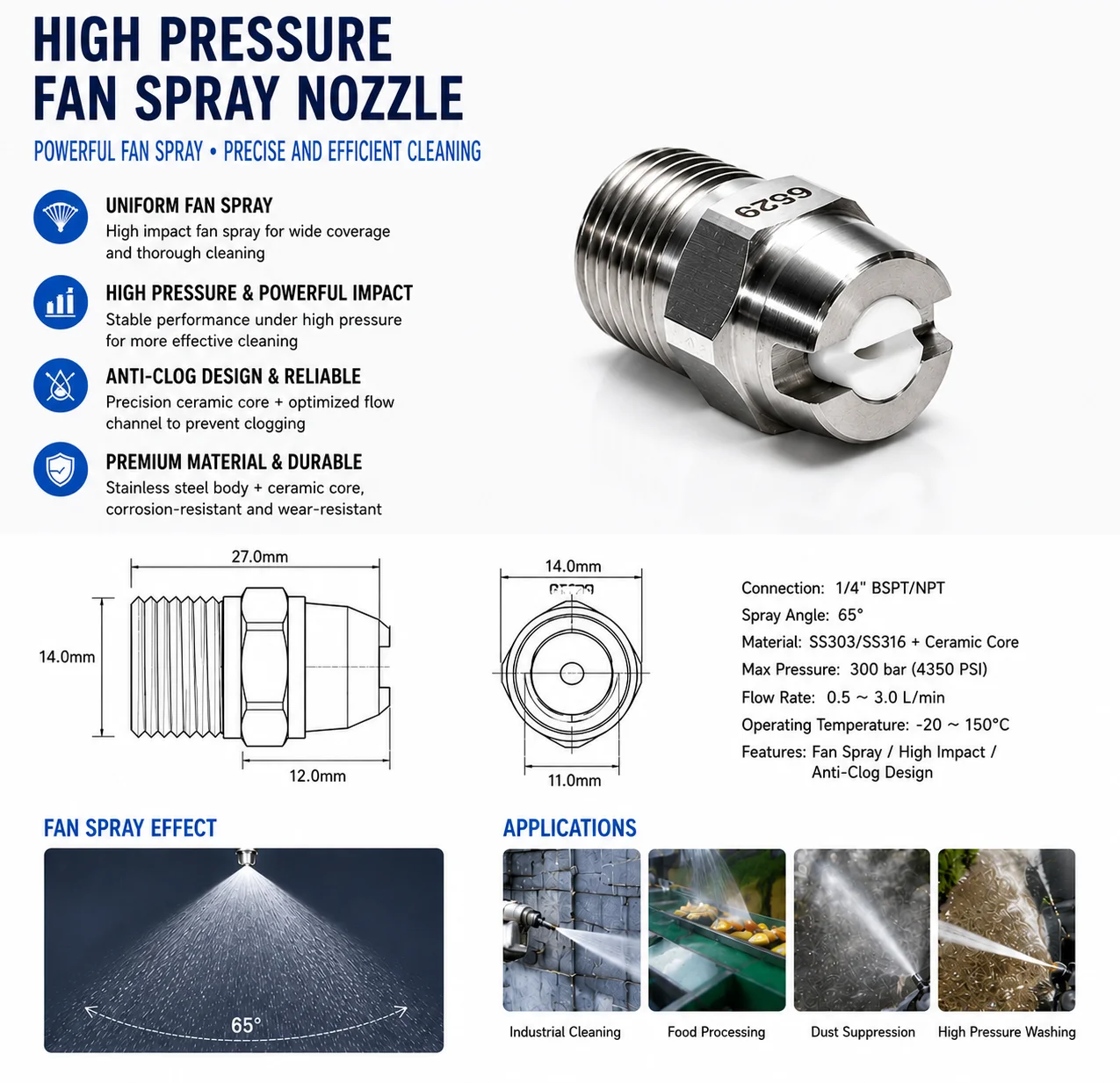 Stainless Steel Ceramic 0 Degree Nozzle High Pressure Linear Liquid Injection Nozzle for High Pressure Car Washing Machine