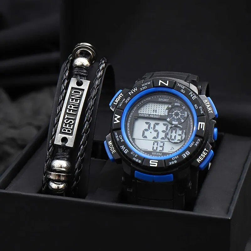 2PCS Fashion Men Sports Watch Calendar Date Luminous Bracelet Men Business Electron Watch Male Necklace Bracelet Wristwatch