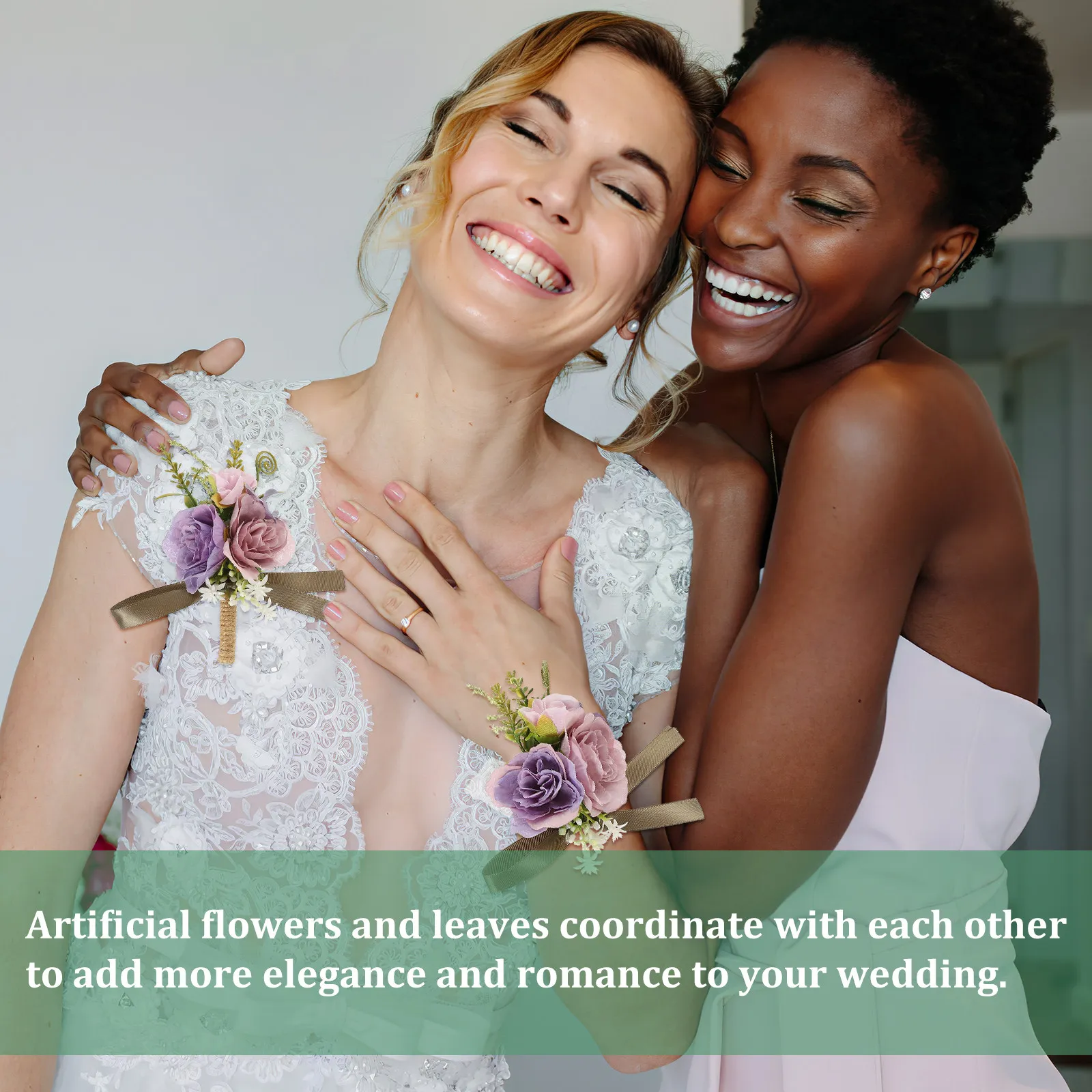 

Набор из 1 высококачественного комплекта цветочных украшений на запястье: искусственные листья и цветы, сочетающиеся с цветами для свадебного букета невесты, жениха и подружек невесты