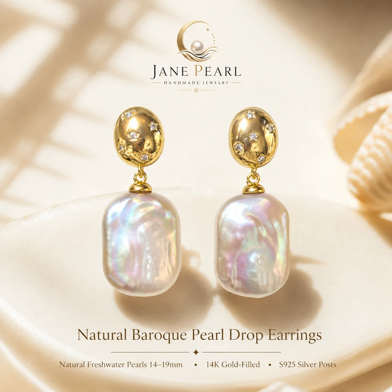 Mareora Natural Freshwater Baroque Square Pearl Drop Earrings 14K Gold Filled Zircon Inlay S925 Silver Post Jewelry for Women