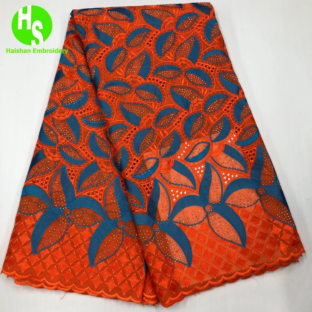 Hot sale 5 Yards High Quality African Swiss Voile Lace with Stones for Wedding 100% Cotton Fabric Nigeria Sewing Wedding Dresses