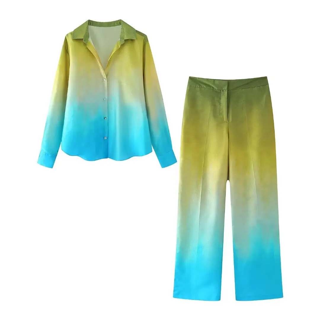 TRAFZA Women Summer Tie Dye 2-Piece Set Vintage Lapel Shirt+High Waist Gradient Side Pockets Zipper Casual Street Wide Leg Pant