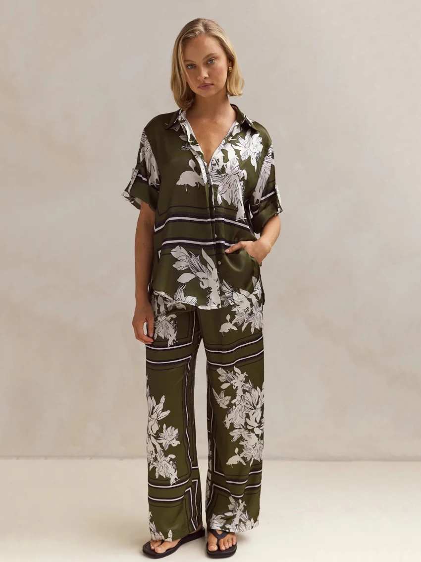 Marthaqiqi Printing Women Pajamas 2 Piece Suit Short Sleeve Sleepwear Turn-Down Collar Nightgown Pants Casual Ladies Nightie Set