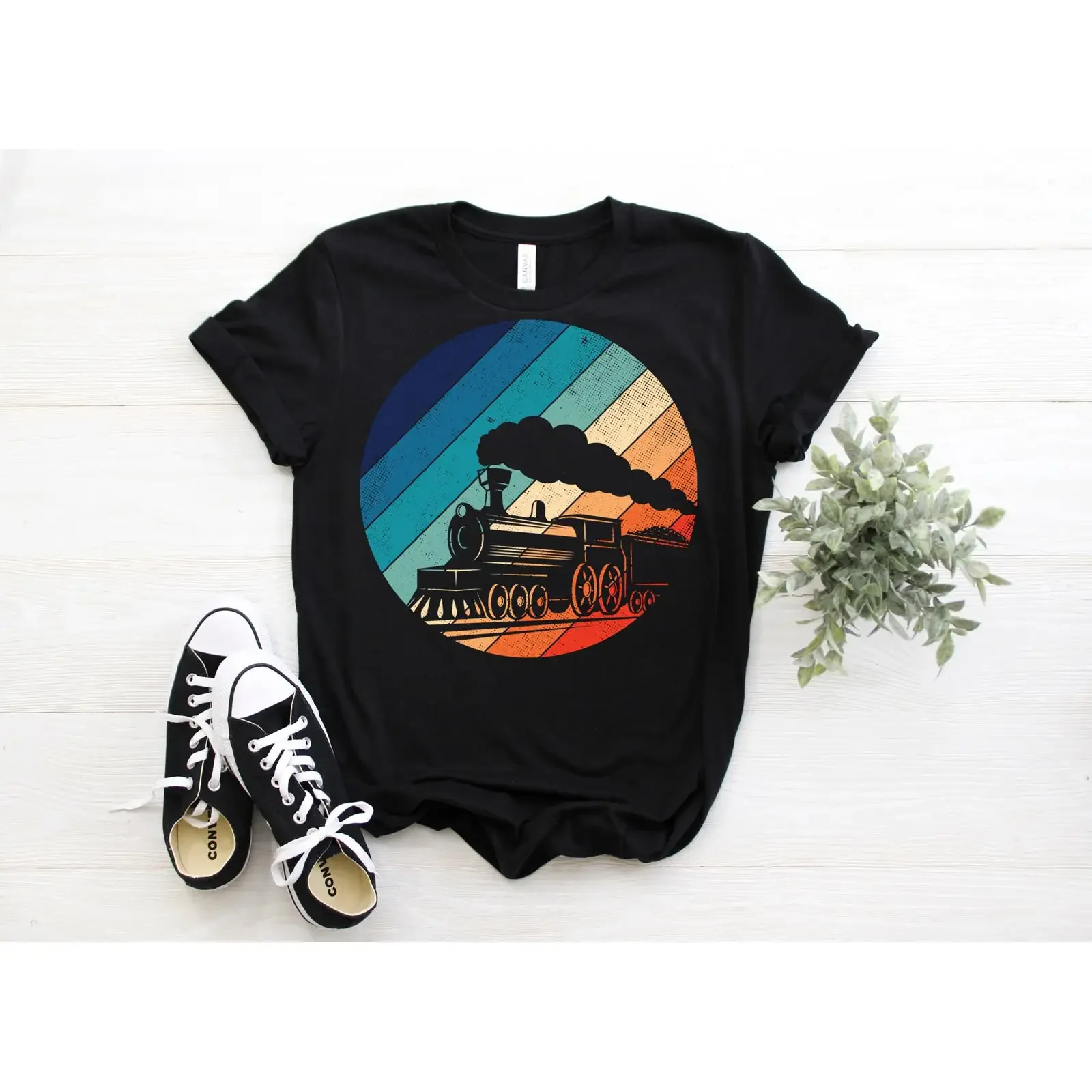 Vintage Retro Sunset Steam Train Locomotive T Shirt Railroad Engineer for Adults Youth Kids Toddler vintage Washed Stylish
