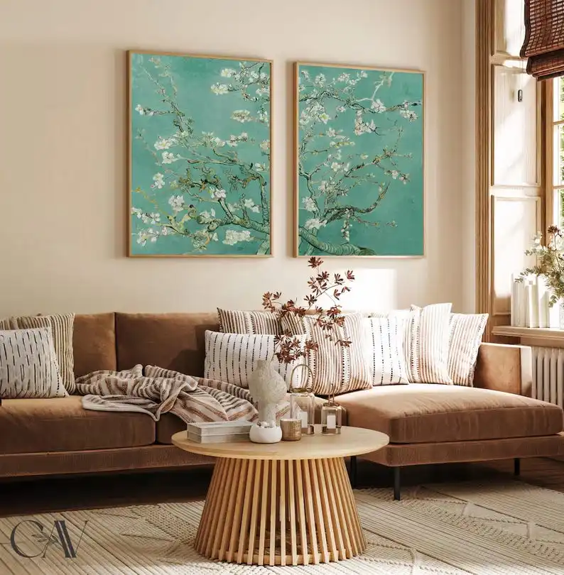 2 Stück Retro Blüten-Mandel-Blumen-Leinwand-Wandkunst-Poster, Ungerahmter Abstrakter Leinwanddruck für Wohnzimmerdekoration und Hochzeitsgeschenk