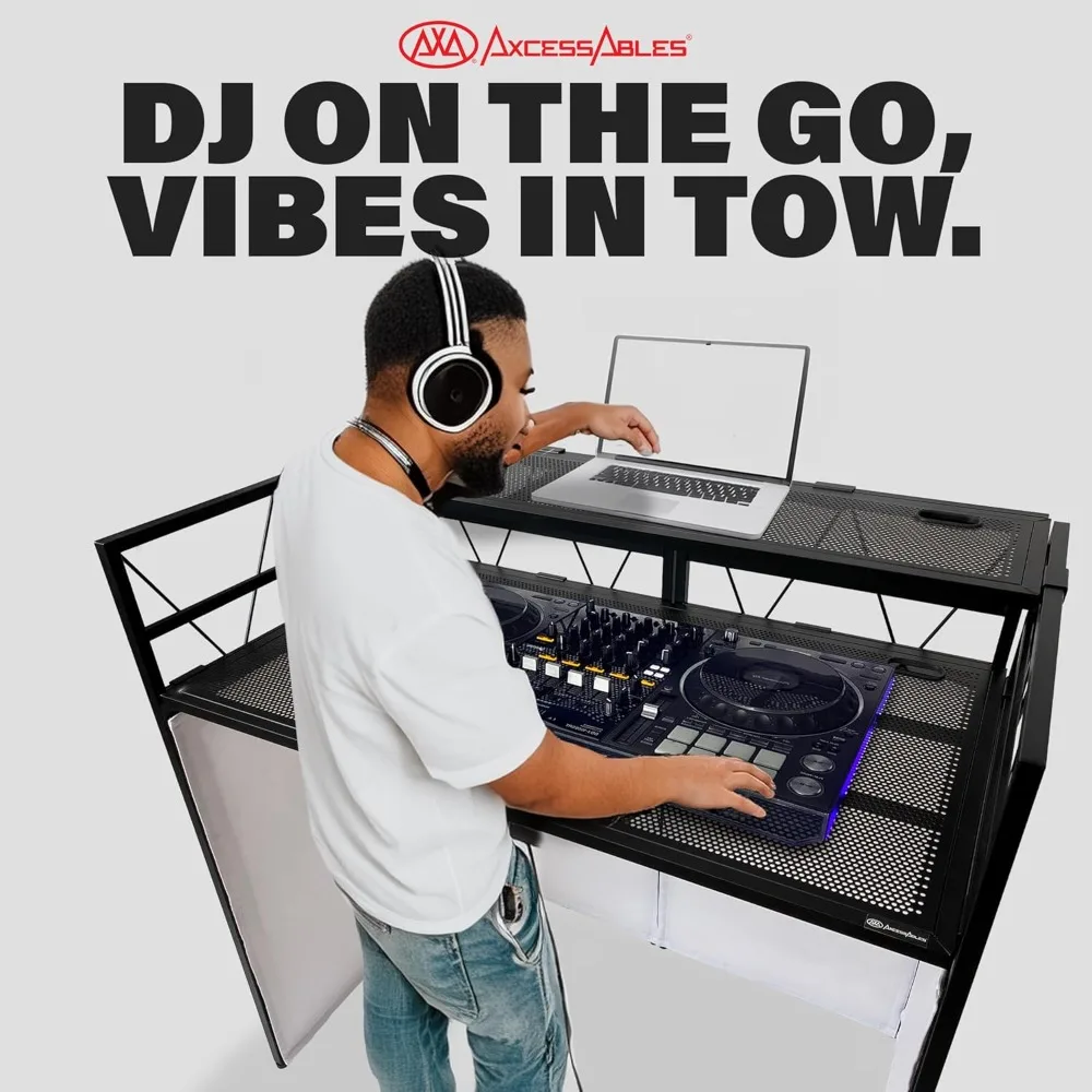 

Two-Tier Portable DJ Facade Booth | Large Table w/ 43"x25" Workstation Surface | 2 ErgonomicTable Height Positions