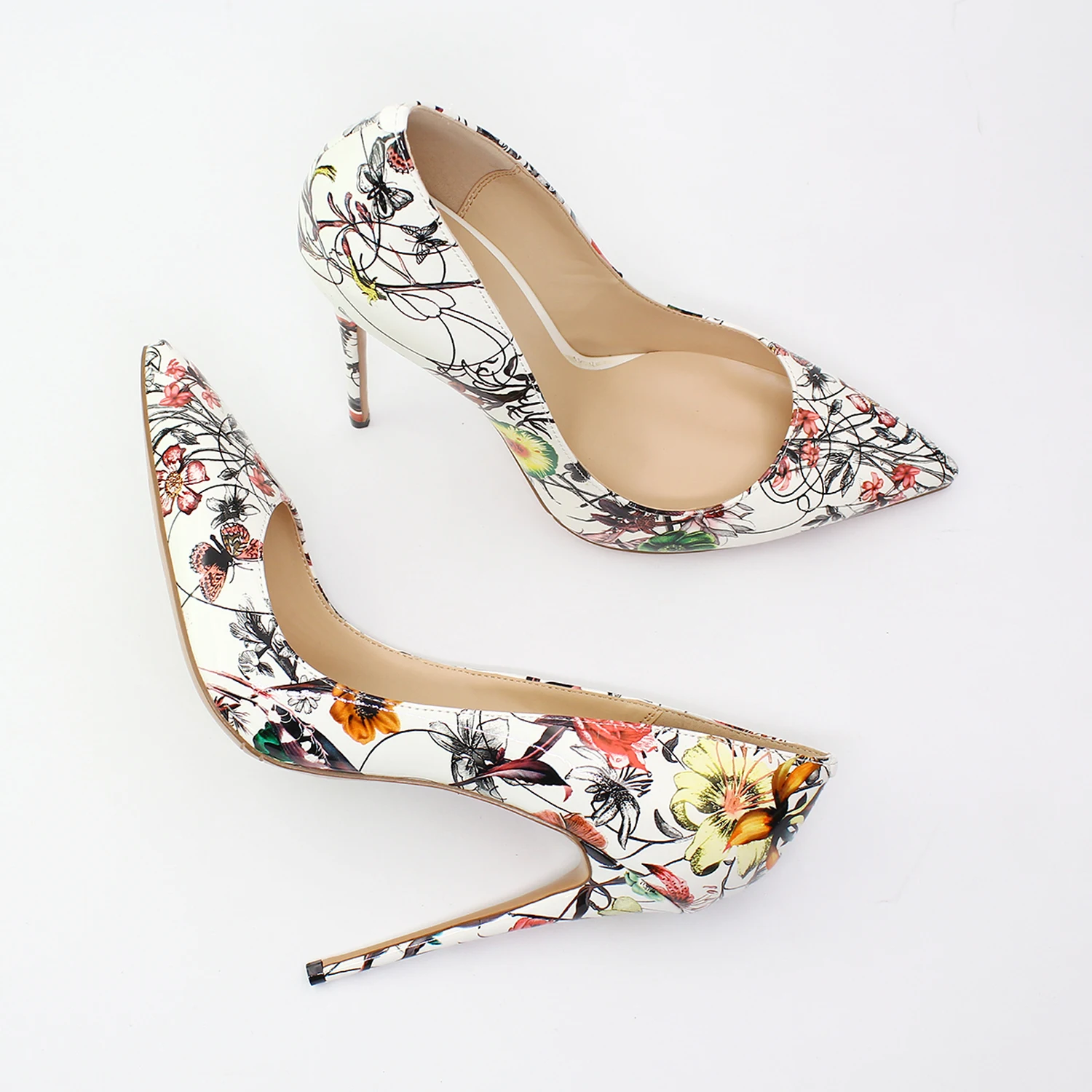 Womens Pointed Toe Fashion Flowers Shallow Thin Heels 12cm/4.7in Colorful Flowers Patent Leather Pumps Party Wedding Shoes