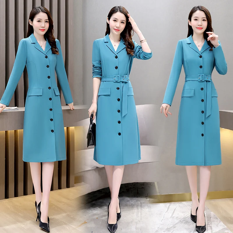 

Women Single Breasted Suit Dress High Quality Turn Down Collar A-Line Dress Long Sleeve Ladies Elegant Buttons Dress with Belt