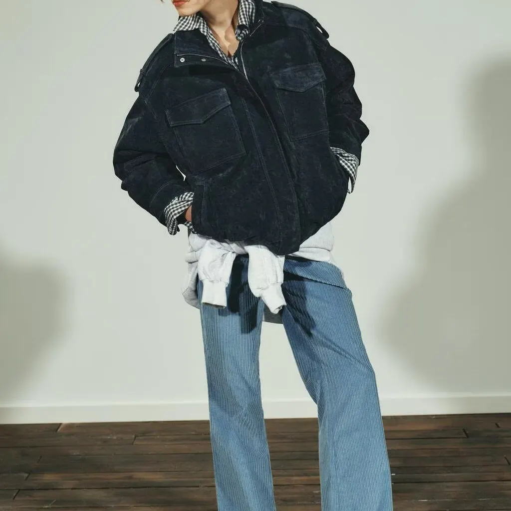 Autumn Winter New Arrival Women's Faion Versatile Faux Leather Velvet Texture Jaet Loose Fit Polyester Long Sve Zipper