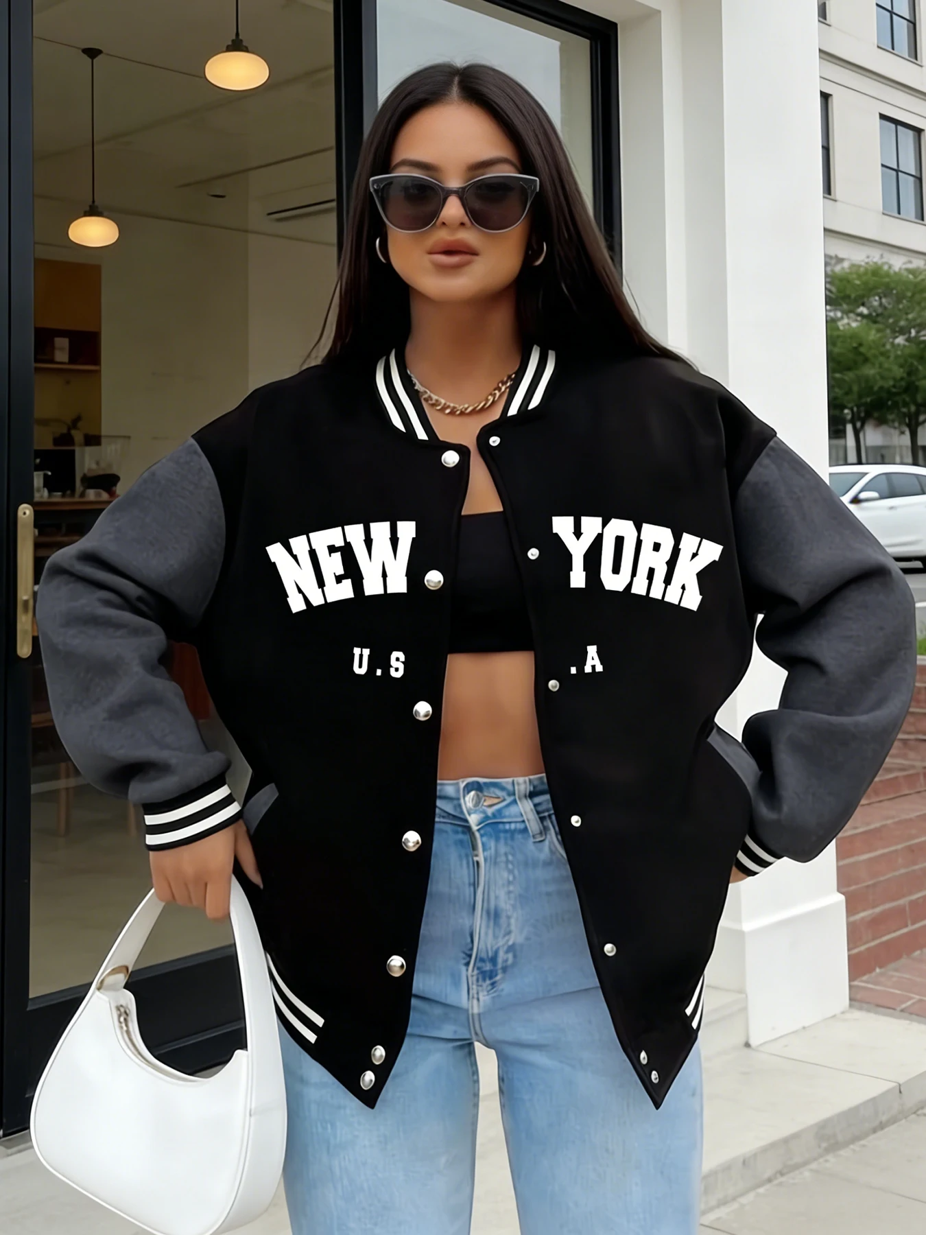 

Университетская куртка большого размера, женская повседневная модная бейсбольная куртка с принтом Нью-Йорка, США, верхняя одежда в уличном стиле, флисовая теплая одежда