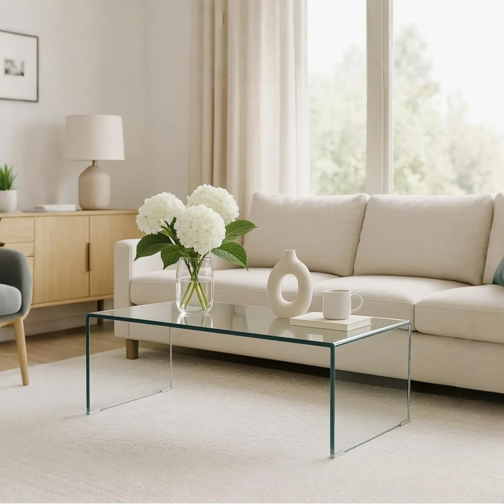 Mesa de centro moderna de vidrio templado, mesa central transparente para sala de estar, diseño elegante y duradero de 0,47 pulgadas de grosor