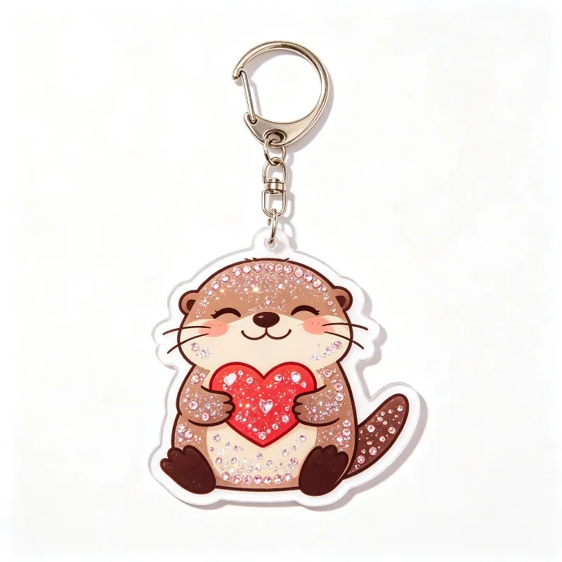 New Valentine's Day Sparkling Diamond Otter Acrylic Keychain Rose Love Couple Backpack Keyring Hanging Decoration Pendant Gifts view 4