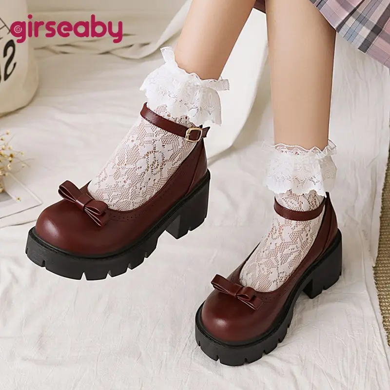 

Sweet Mary Janes Pumps Round Toe Thick Heels 6.5cm Platform 2.8cm Buckle Strap Bowknot Big Size 41 42 43 Casual Shoes
