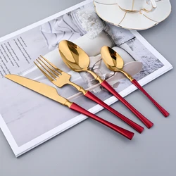 Dinnerware Red Gold Stainless Steel Cutlery Set Tableware Home Dinner Silverware Knife Dinner Fork Ice Spoon Hotel Flatware Set