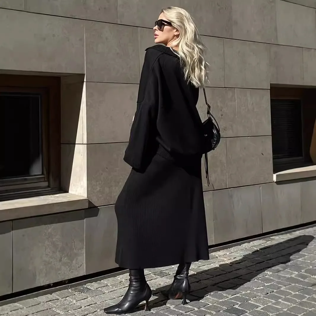 Winter Thick Women Knitted Suits Soft 2 Pieces Sets Female Polo Neck Sweater & Wide Leg Pants Knitted Outfit
